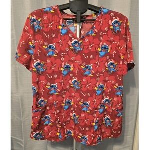 Disney Lilo & Stitch Women's XL Scrub Top Christmas Print Short-Sleeve Pockets